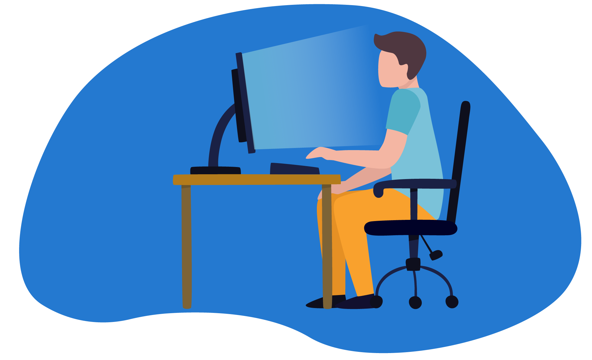 Ilustração de um homem olhando para a tela do computador, que reflete uma luz azul de alta intensidade sobre seu rosto.